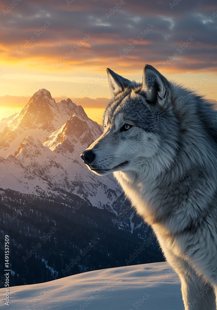 Fototapeta premium Golden Hour Wolf: Majestic Mountain Majesty