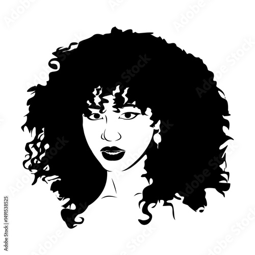 vector black and white silhouette of a woman with curly hair
