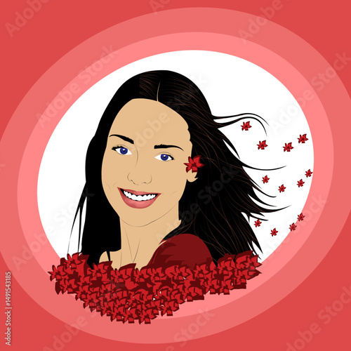 Vector woman and flying red flowers
