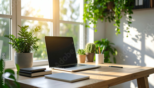 Wallpaper Mural Laptop on a desk near a window with plants in a bright room. Torontodigital.ca