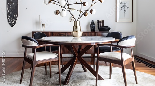 A dining room with a round marble table surrounded by chairs and a modern chandelier above it all