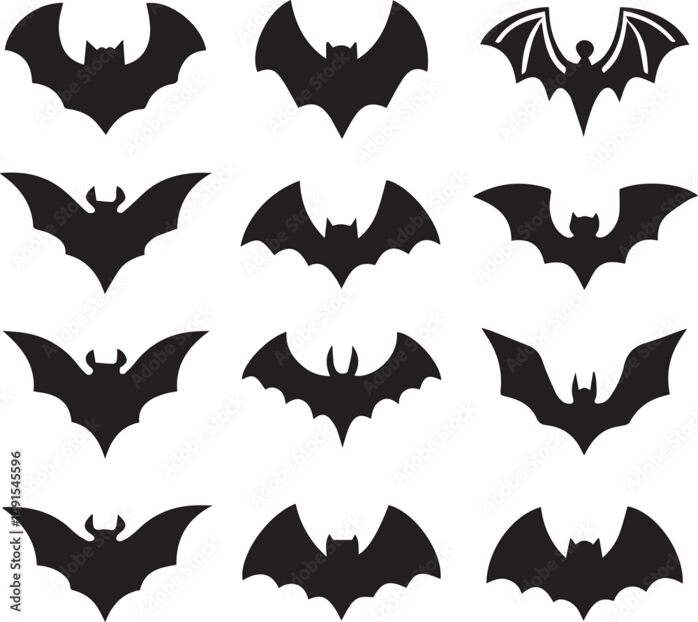Naklejka premium black halloween bat set silhouette vector, halloween bat set clipart vector