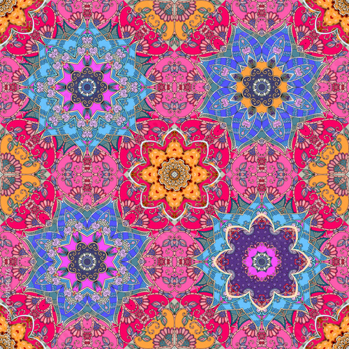 Ornamental seamless pattern with mandalas - flowers. Colorful print for fabric. 