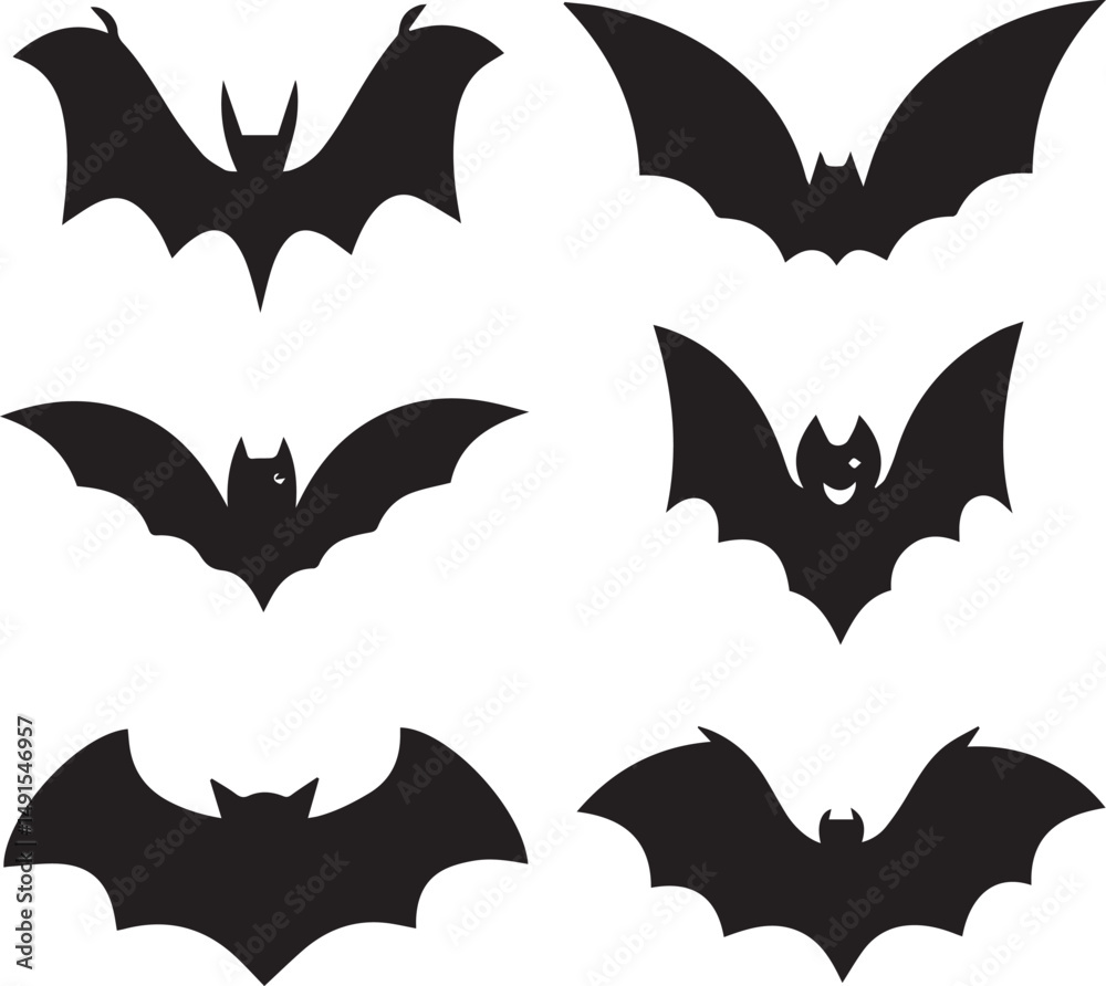 Naklejka premium black halloween bat set silhouette vector, halloween bat set clipart vector