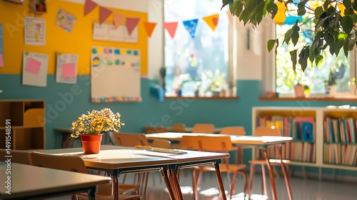 Inviting classroom scene with natural light and cheerful decor elements
