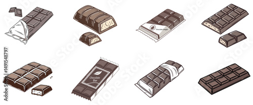 a delicious set of brown chocolate bar, a sweet cocoa dessert snack Isolated on white,