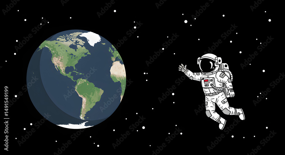 Naklejka premium Astronaut Waving Hand in Space with Earth