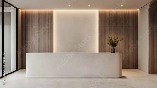 Sleek modern reception platform with arc lighting and neutral tones