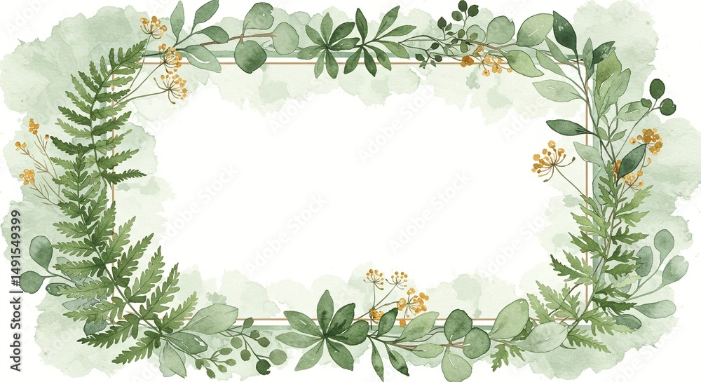 Fototapeta premium Botanical Frame: Watercolor leaves and ferns elegantly frame a blank space, offering a natural and serene aesthetic for invitations or text.