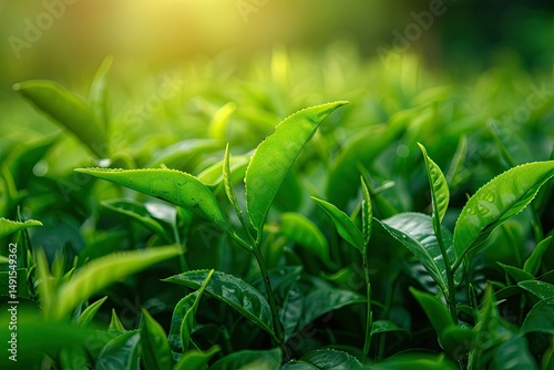 high detail visual of tea leaves Assam Tea Green in nature
