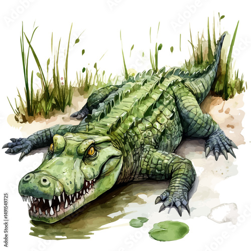 Giant Crocodile In A Jurassic Swamp, watercolor vector, high quality, isolated on a white background.