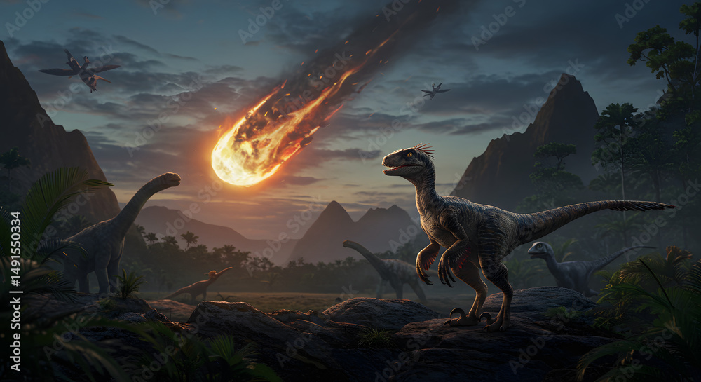 Fototapeta premium Dinosaur Extinction Meteor Impact Landscape