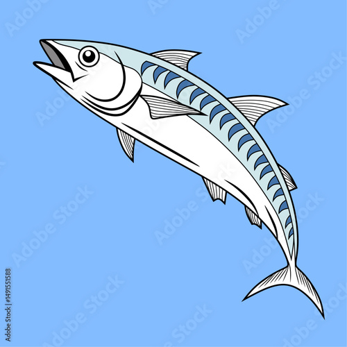 Mackerel fish isolated on light background. Fresh fish in a simple flat style. Vector for design seafood packaging and market illustration.