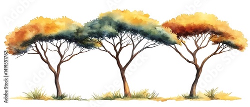 Autumn trees, savanna, watercolor. Design element