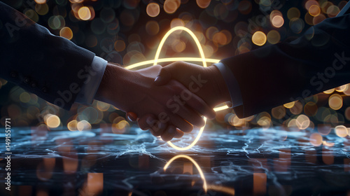 Close-up of two hands shaking over glowing atomic symbol on dark marble table, symbolizing diplomatic agreement, international cooperation, peace treaty and nuclear deal negotiation concept.