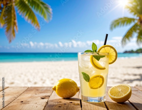 Custom AI Model 화창한 날씨의 바닷가, 원목테이에 올려져 있는 시원한 레몬에이드 A refreshing lemonade on a wooden table at the beach on a sunny day
