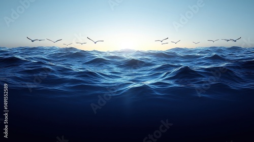Fototapeta Naklejka Na Ścianę i Meble -  Vibrant Ocean Waters at Sunset with Birds Flying Underneath Clear Sky