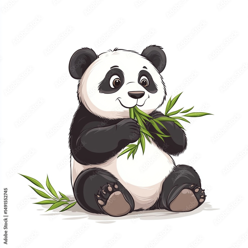 Obraz premium A cute cartoon panda sitting and happily eating green bamboo leaves, depicted with large eyes and rosy cheeks on a white background.