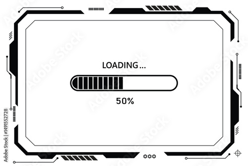 50% progress loading bar, black control panel, cutting edge technology, futuristic HUD UI interface on white background.