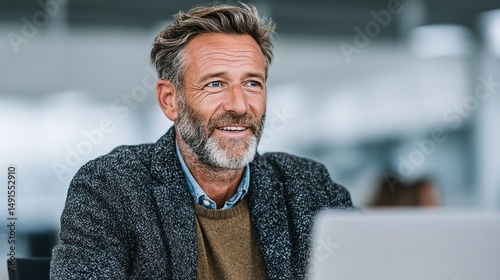 Mature man with beard smiles indoors near laptop looking away from camera.