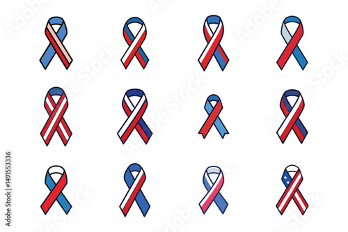 Set of us flag color awareness ribbon vector illustration on white background.