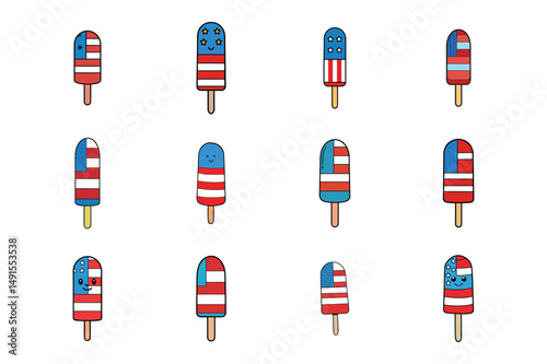 Set of us flag color popsicle ice cream vector illustration on white background.