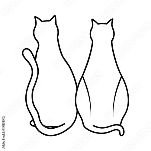 Hand drawn two cats sitting continue one line, cat line art vector illustration on white background