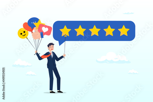 Customer giving 5 stars rating or customer experience, 5 Stars review, customer feedback evaluation, best quality or satisfaction, opinion, best rating reputation or online positive review concept