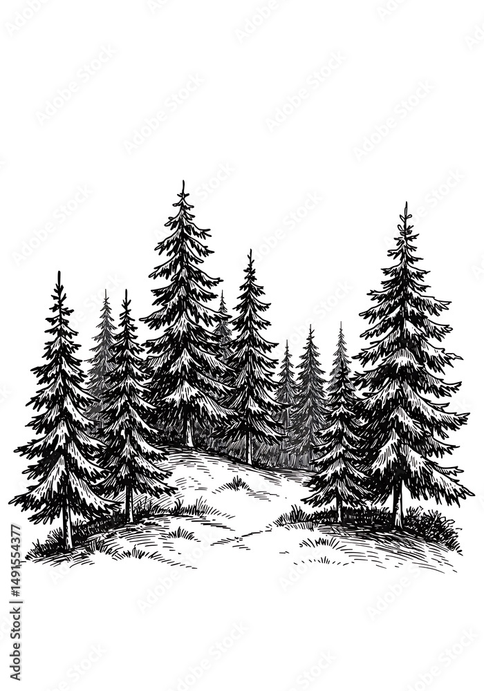 Fototapeta premium Ink-Drawn Evergreens