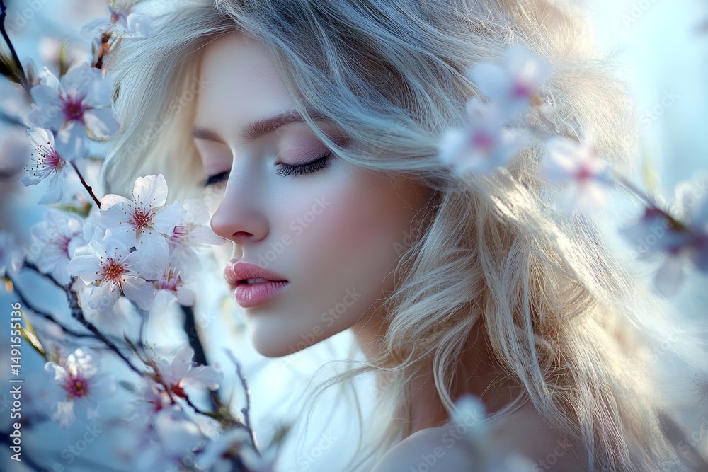 Fototapeta premium Gorgeous caucasian young woman surrounded by cherry blossoms. Commercial digital ads creative. Spring mood, morning rays and fog. Lively woman in cherry blossoms for promotional photos.