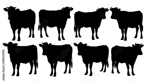 Cow Silhouette Set – Black Farm Cattle in Standing Poses on White Background
