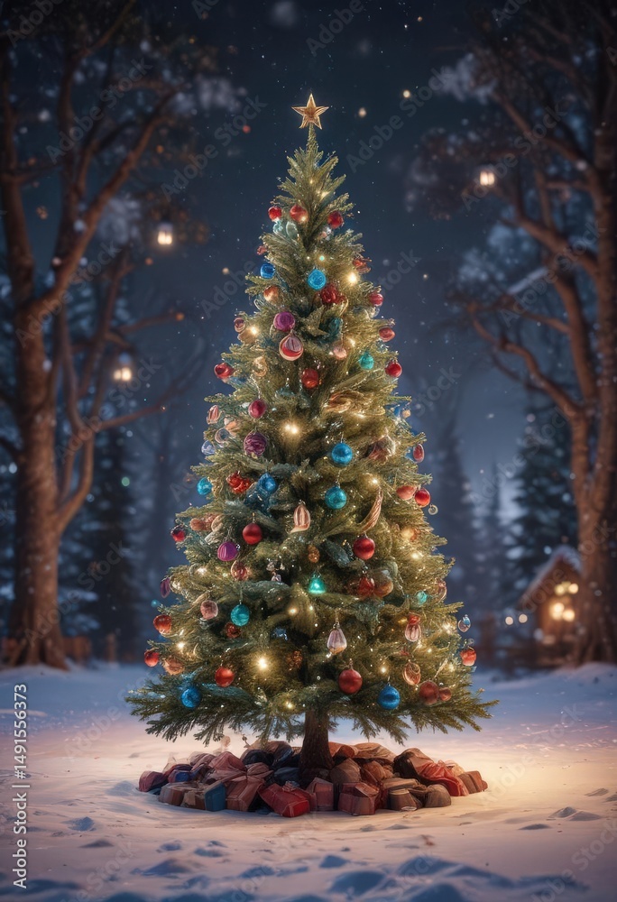 Obraz premium Sparkling Christmas tree, colorful ornaments, twinkling lights, winter wonderland , joyful, glow, red