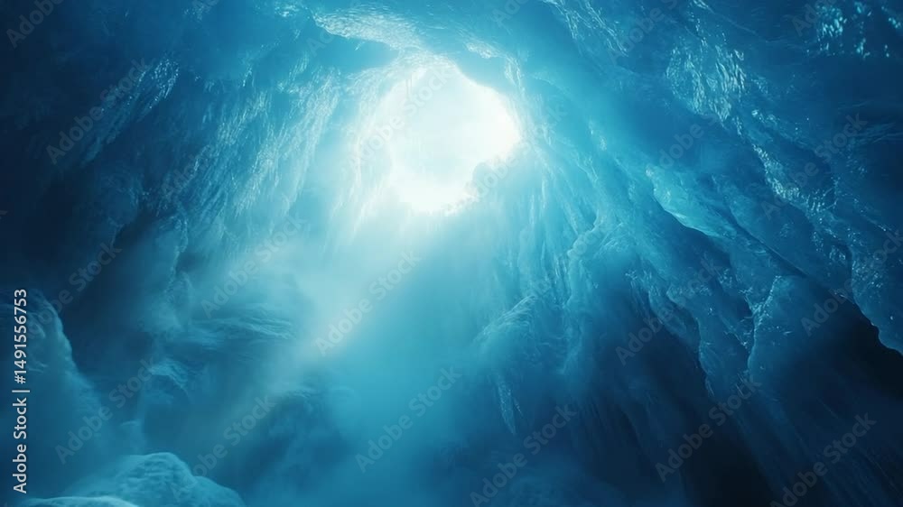 A breathtaking view of icy cave formations illuminated by sunlight from above