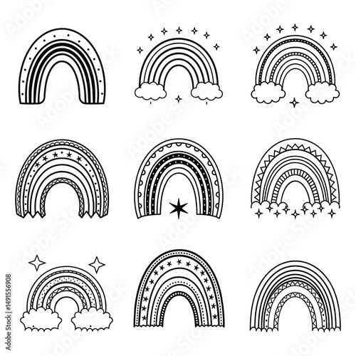 Set of boho rainbow line art vector illustration on white background.