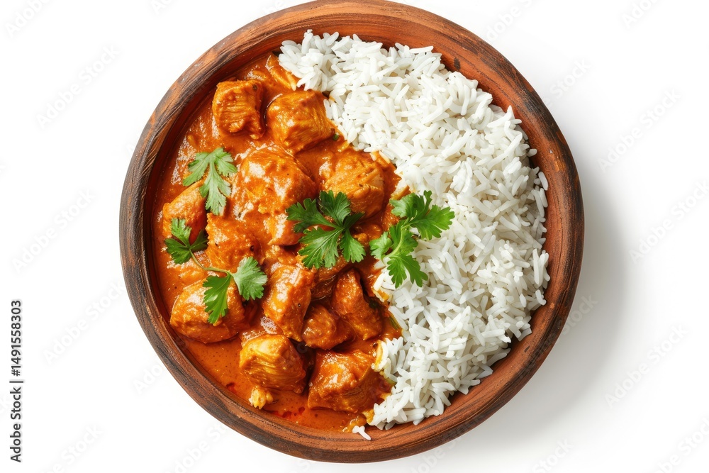 Detailed Visual of Chicken Tikka Masala with Rice in Clay Plate Detailed Visual of Chicken Tikka Masala with Rice in Clay Plate
