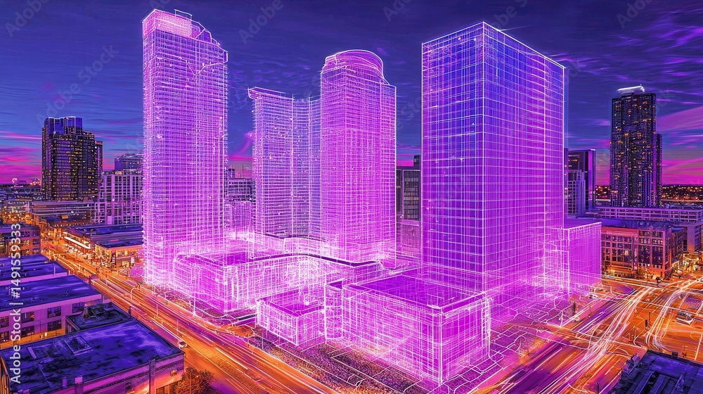 Obraz premium Futuristic Cityscape Modern Buildings at Dusk