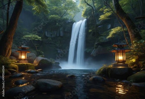 A waterfall lantern lights up in the middle of the forest