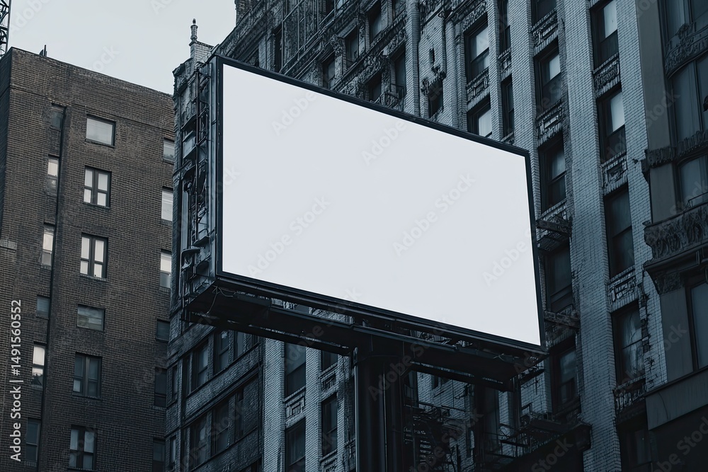 Obraz premium A large blank billboard mounted between two tall, aged city buildings, displaying a clean, white surface against a muted, urban backdrop