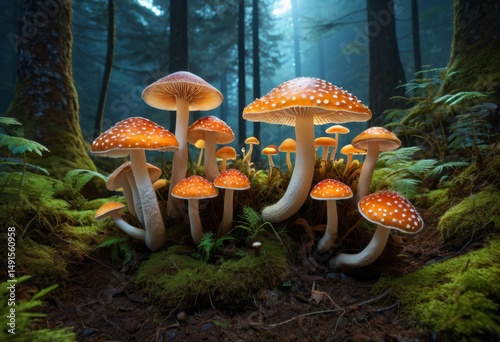The background of mushrooms in the forest is moss and trees