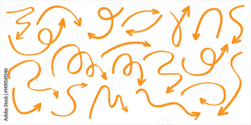 Red pencil arrow doodles set - hand drawn swirls, curved lines, chaotic pointers. Chalk sketches, artistic design elements pack. Grunge style marker scribbles, crayon strokes outline drawings.