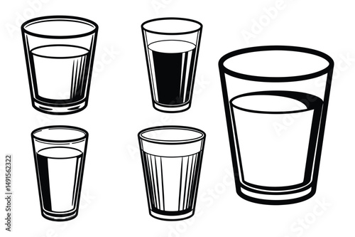 Set of glass of water line art vector illustration on white background.