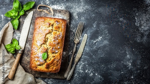 Homemade Loaf Cake on Dark Background with Herbs
