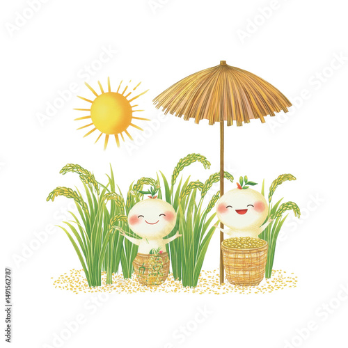 Happy Rice Harvest Cute Cartoon Characters Celebrating the Autumnal Equinox