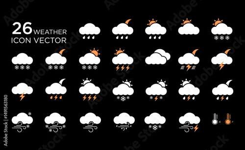 Weather icons. Collection of weather forecast icons in modern style. Cloud logos. Weather, clouds, sunny day, moon, snowflakes, wind, sunny day. Vector illustration.