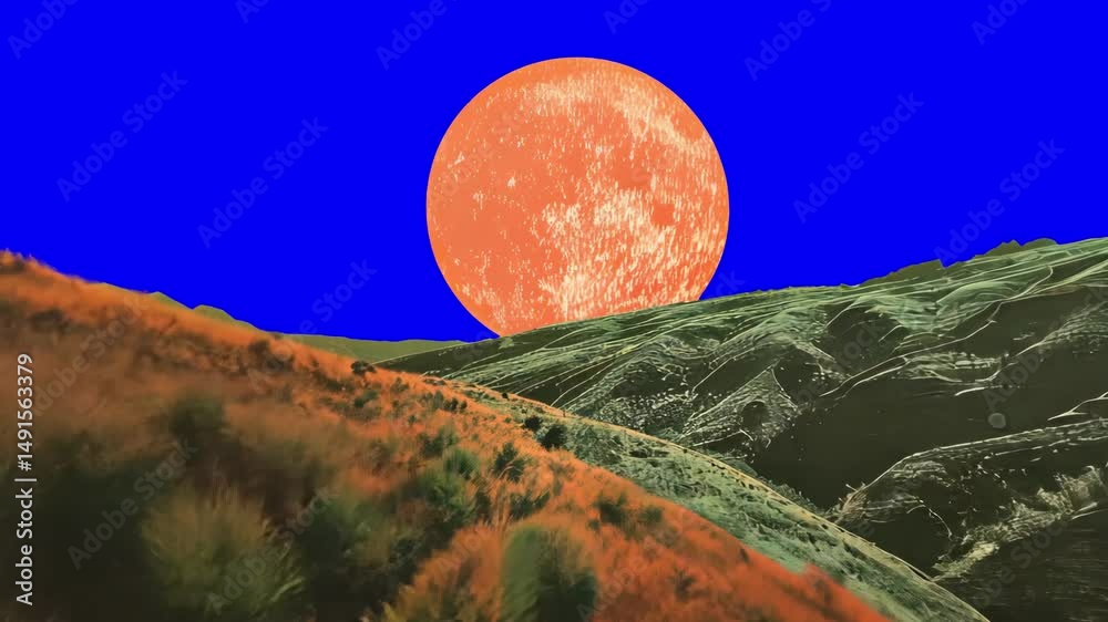 Aesthetic landscape with full moon border animation, transparent 4K video, green screen