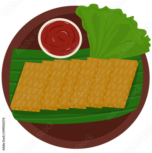 Crispy Fried Tempeh Slices with Dipping Sauce and Lettuce Garnish