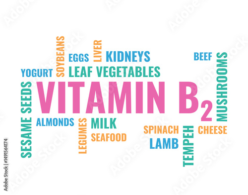 vitamin b2 riboflavin, many different food names cloud, healthy eating vector concept