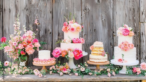 Rustic Wedding Cakes with Pink Flowers and Wooden Background