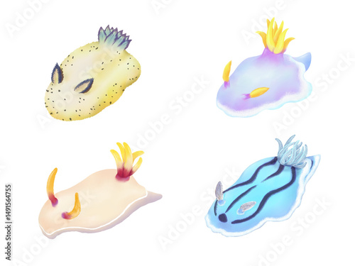 Tableau sur toile カラフルなウミウシの水彩イラストセット