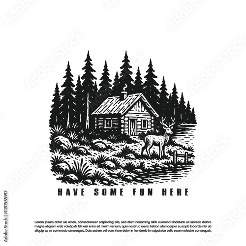 Vintage retro hand drawn old wooden cabin with deer and river